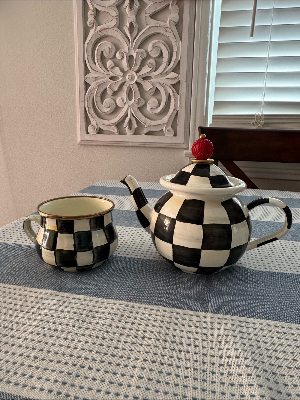 Mackenzie Childs Tea For One Courtly Check Teapot and Cup Set. Never used.